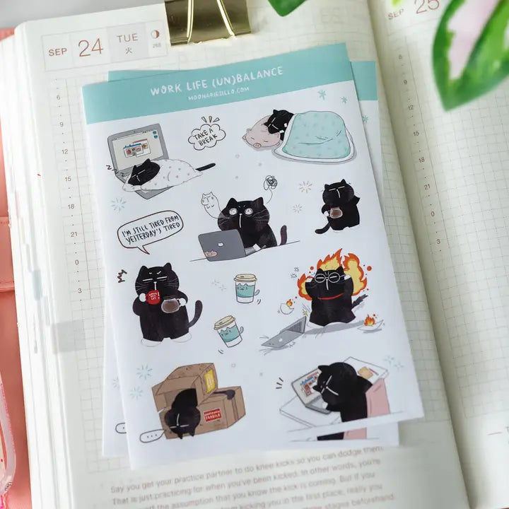 Sticker Sheet - Mocha Cat - Work life (un)balance