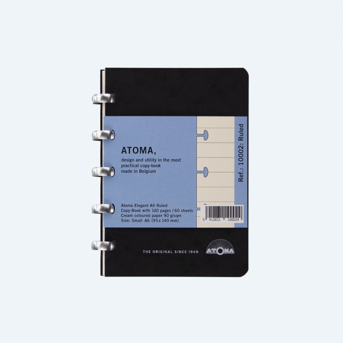 Svart linjerad anteckningsbok med silverfärgad ringbindning. Atoma Notebook A6 Elegant - Linjerad från Atoma - Tidformera