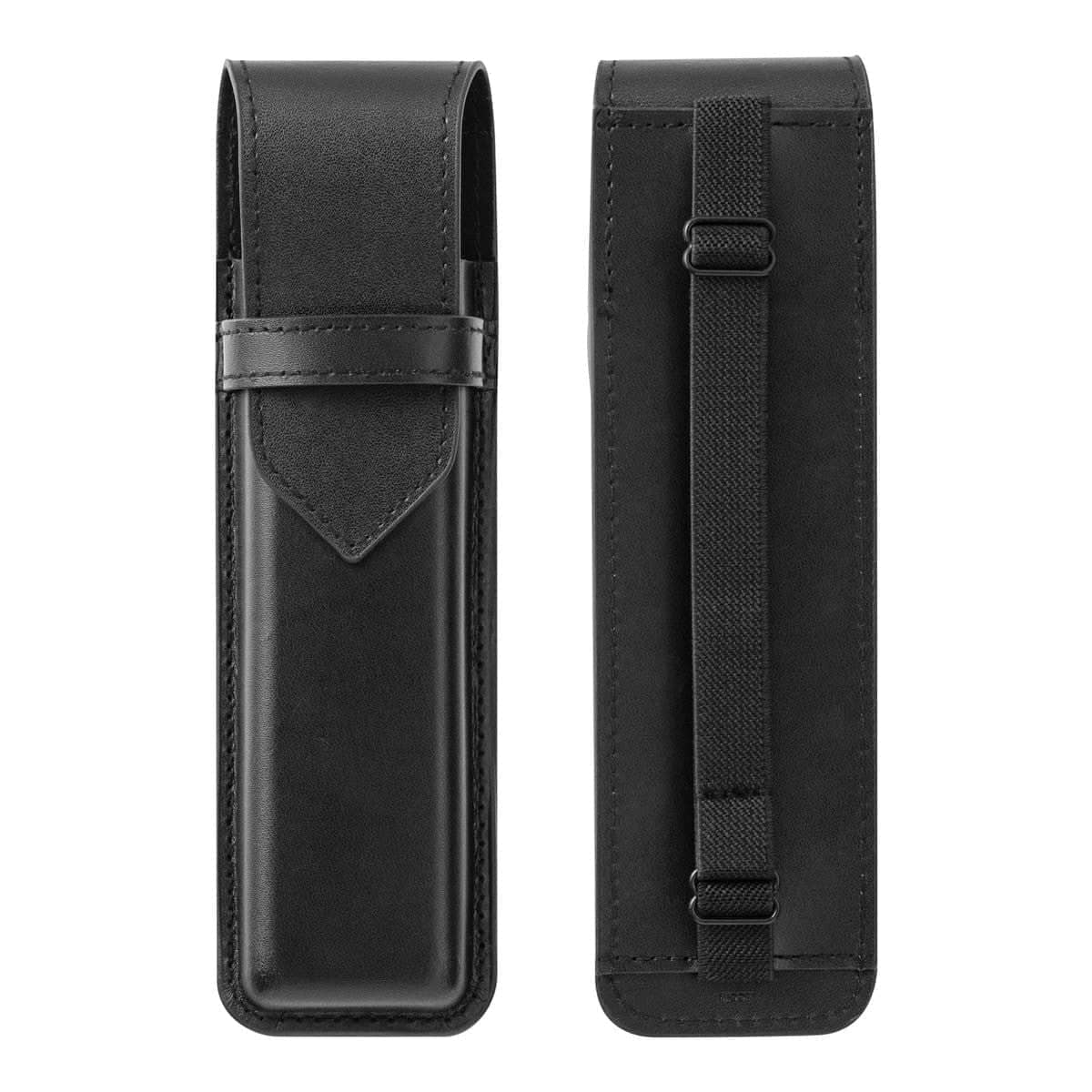 Book band Pen case Recycled leather - Black från Midori. Två svarta pennfodral i läder som visar fram och baksidan. Baksidan finns ett elastiskt band. - Tidformera
