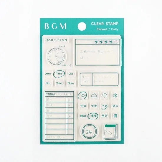 Förpackning med stÀmplar. Motiv med to-do lista, vÀder, klocka. Clear stamps Record KalenderstÀmplar - Daily frÄn BGM - Tidformera