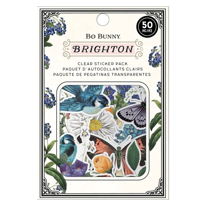 Förpackning med Clear sticker pack Bo Bunny Brighton frÄn American Crafts. KlistermÀrken med blommor, fjÀrilar, fÄglar.