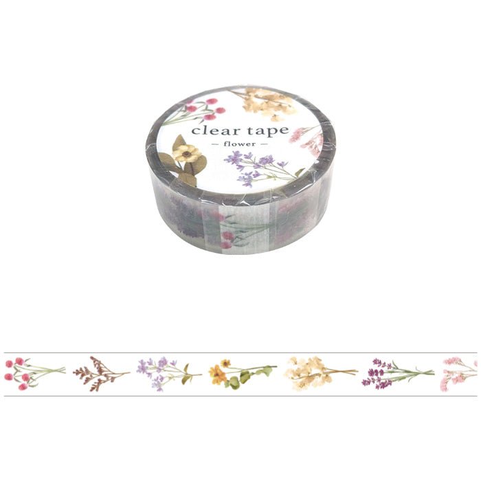 Clear tape Flower från Mind Wave - En rulle med dekorationstejp. Bredvid syns utrullade motiv med vackra blommor. Tidformera