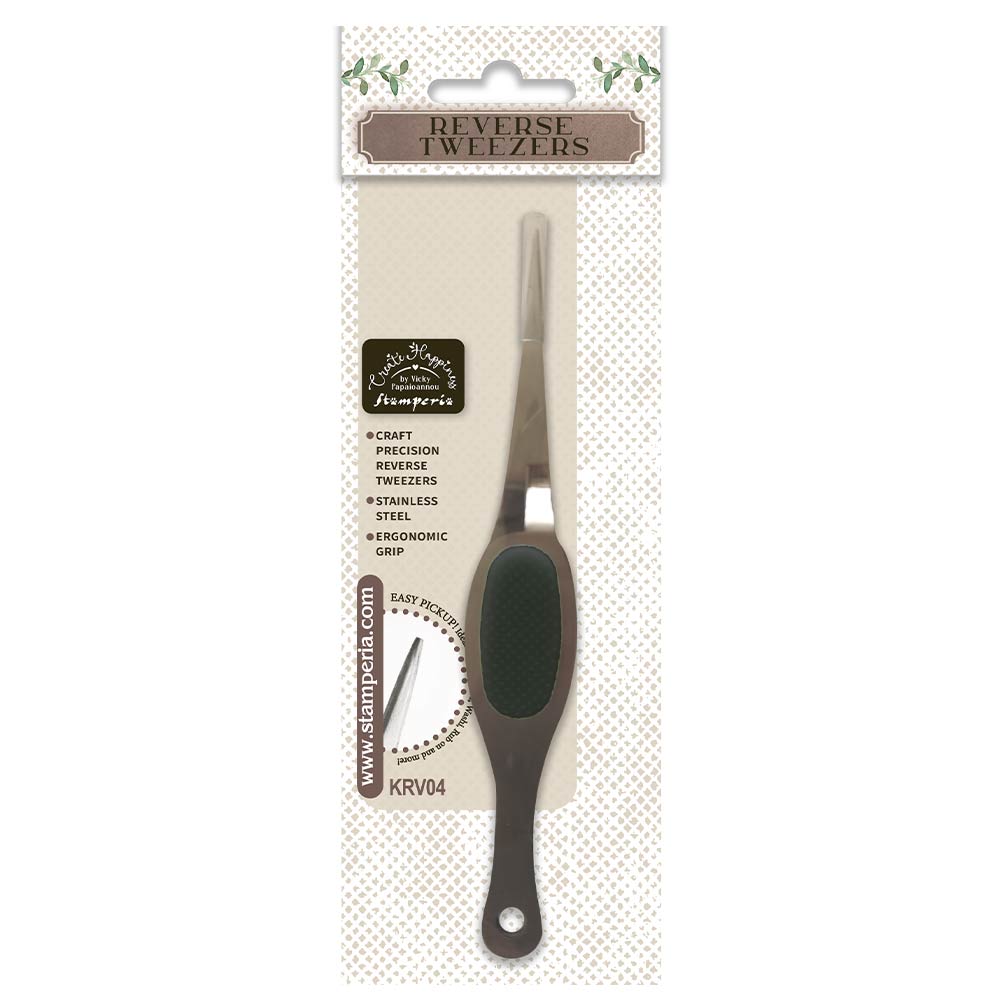 Create Happiness Reverse Tweezers - Pincett från Stamperia. Förpackning och i ligger en pincett med ett plasthölje runt spets Tidformera