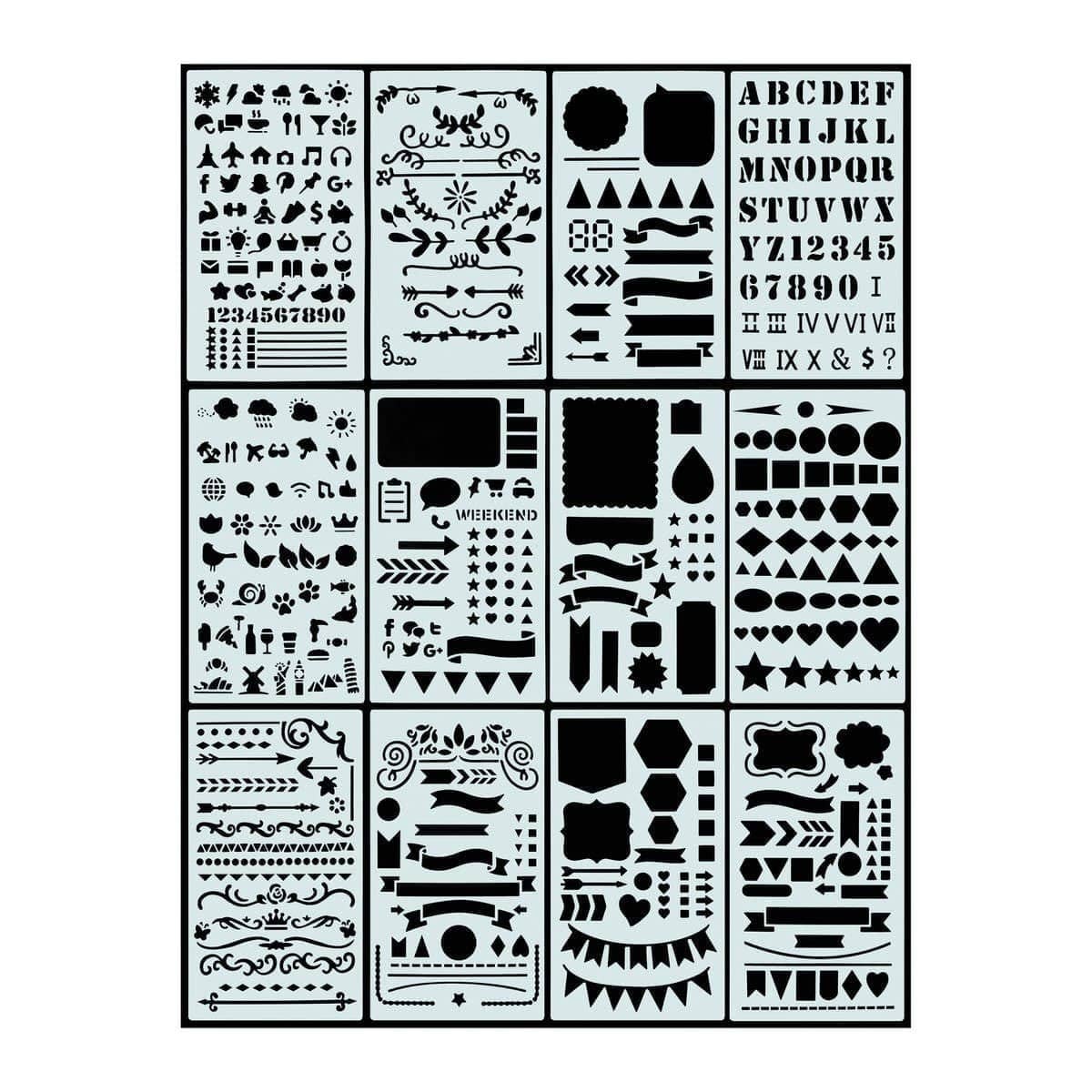 Dotted Journal Stencil Set 12 - pack från Peter Pauper Press - Bild syns samtliga motiv på de tolv stencilerna Tidformera