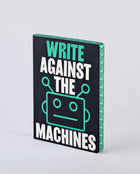 Dotted notebook Graphic L Write against the machines från Nuuna. Svart skrivbok med en robot och text på. - Tidformera
