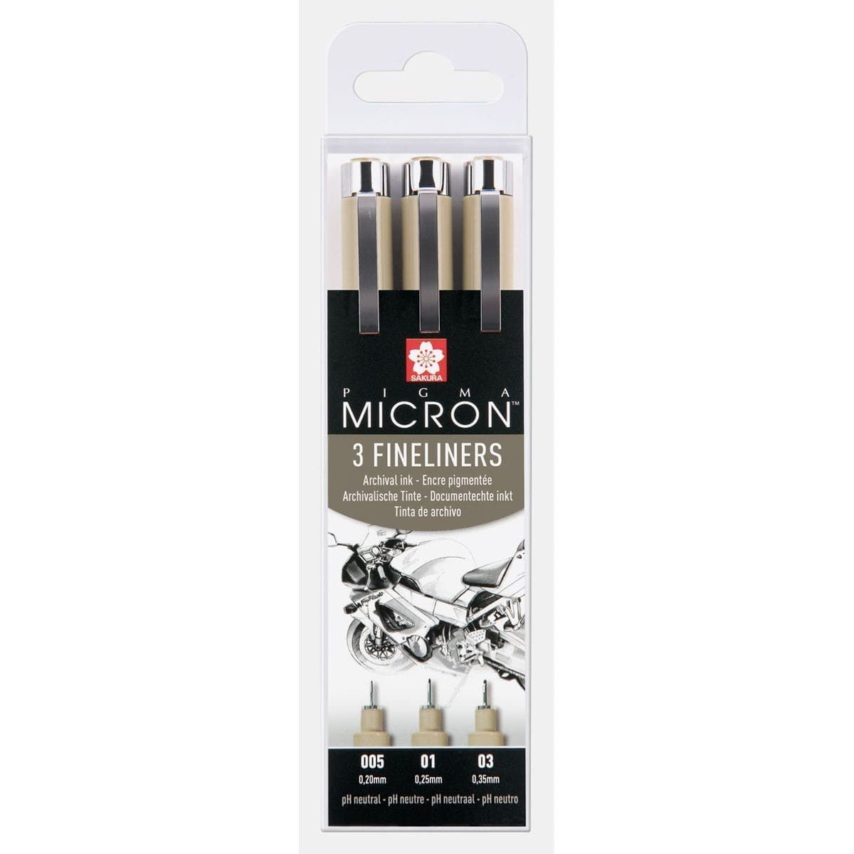 Pigma micron Fineliner Förpackningar Svarta - 005, 01, 03 från Sakura. Förpackning med tre stycken pennor. - Tidformera