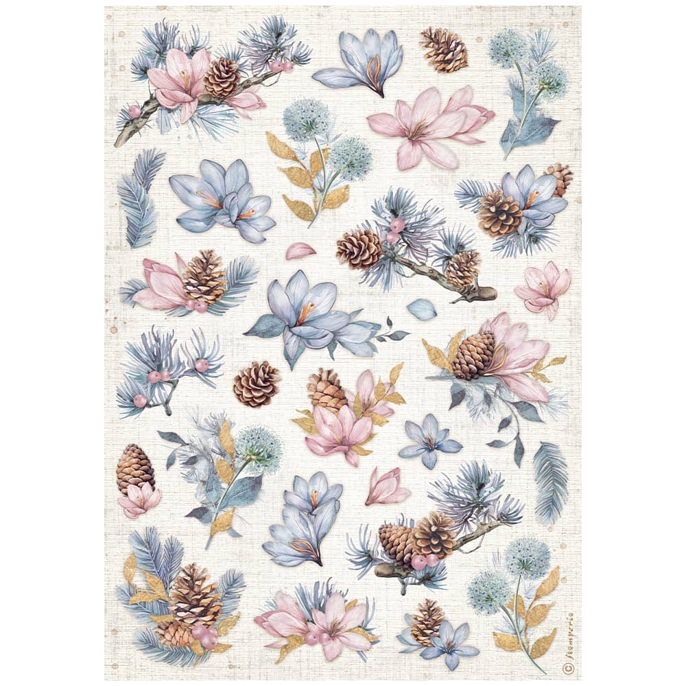 Rice Paper A4 - Dewdrops - Pinecones And Flowers - 1 - Stamperia - Tidformera