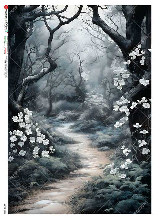 Rice Paper Decoupage - A5 - Views 0203 från Paper Designs. Rispapper med en trollsk stig i en skog. Träden är knotiga och det är vita blommor. - Tidformera