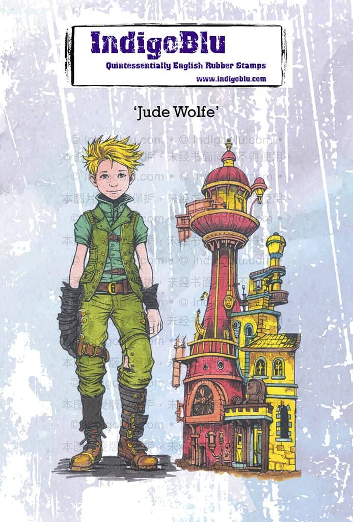 Rubber Stamps - Jude Wolfe A6 från IndigoBlu. Förpackning med stämplar. En kille står bredvid en märklig byggnad. - Tidformera