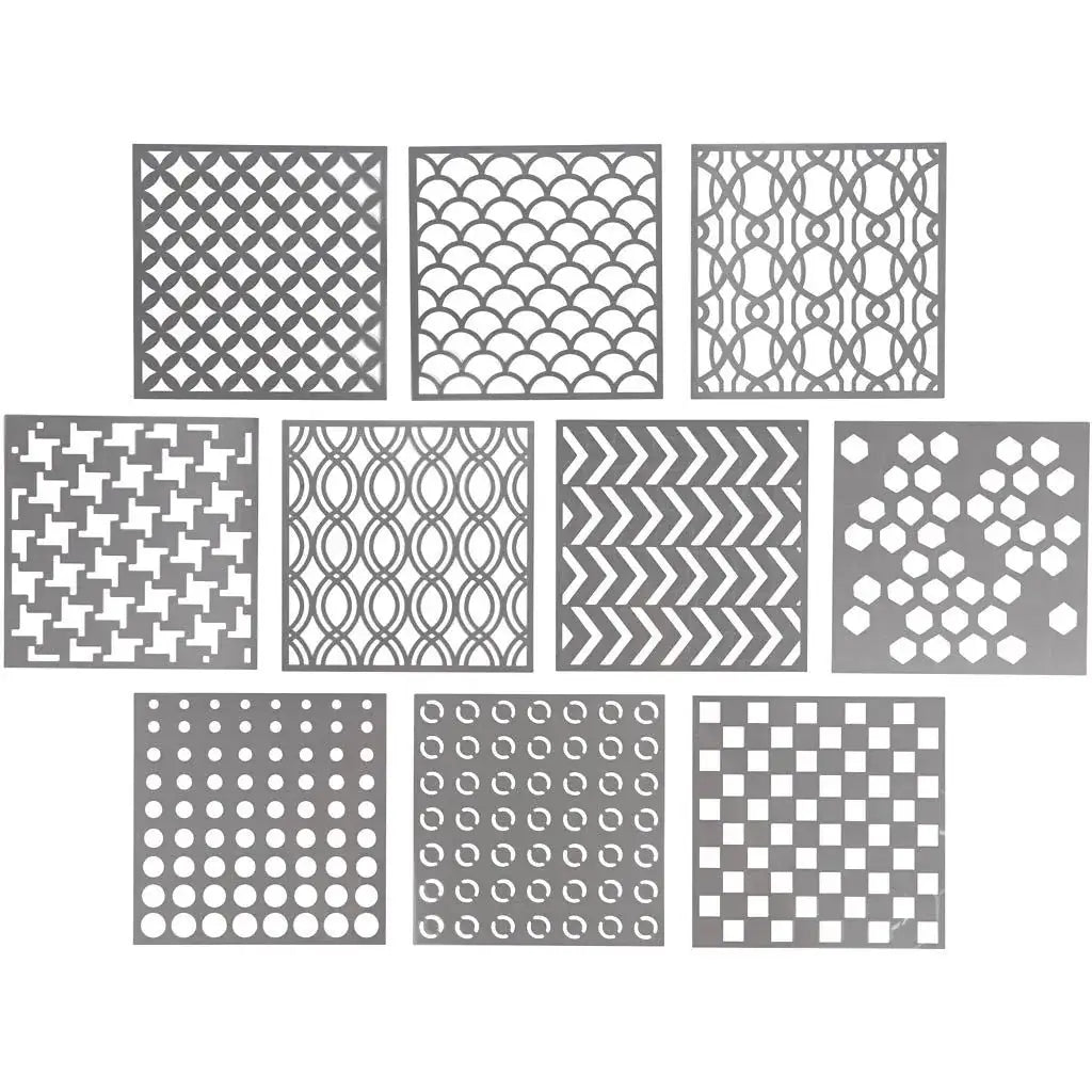 Stencil 15 x 15 cm - 10-pack från Creotime. 10 stenciler i grå plast ligger uppradade. De har olika grafiska mönster. - Tidformera
