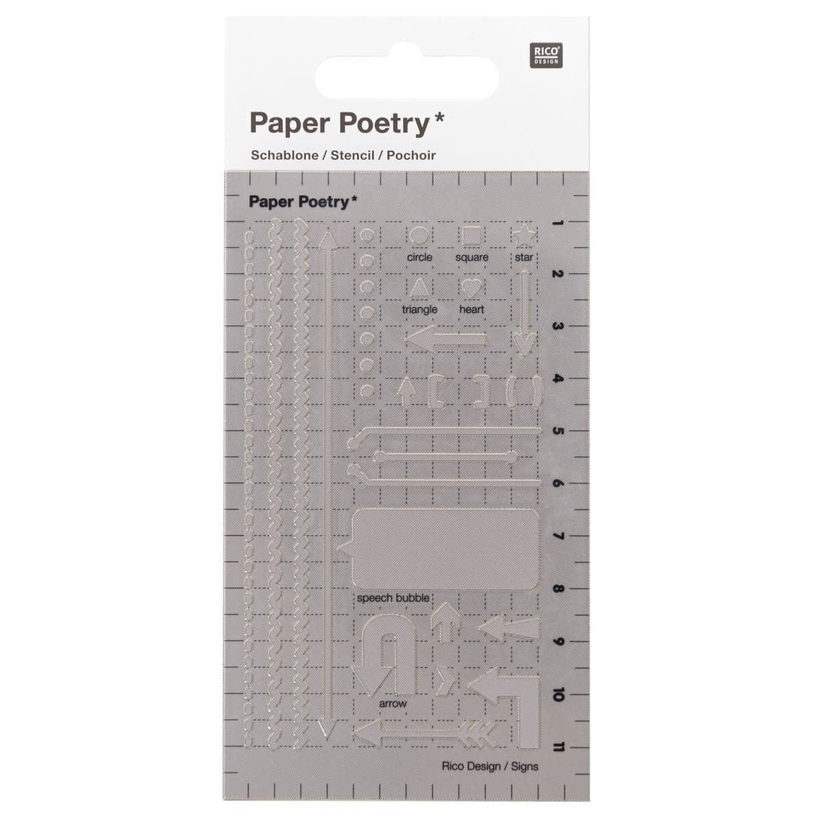 Stencil Paper Poetry Liten - Arrows frÄn Rico Design. Förpackning med en stecil. Motiv med prickar, linjer och olika sorters pilar. - Tidformera