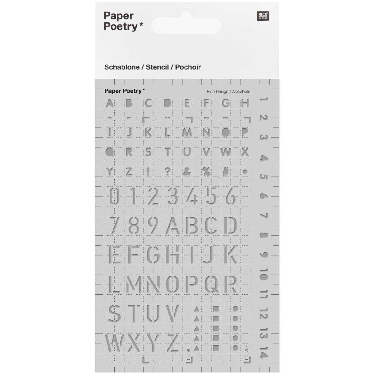 Förpackning med Stencil Paper Poetry Stor - Letters från Rico Design. Stencilen har siffror och bokstäver i två storlekar. - Tidformera