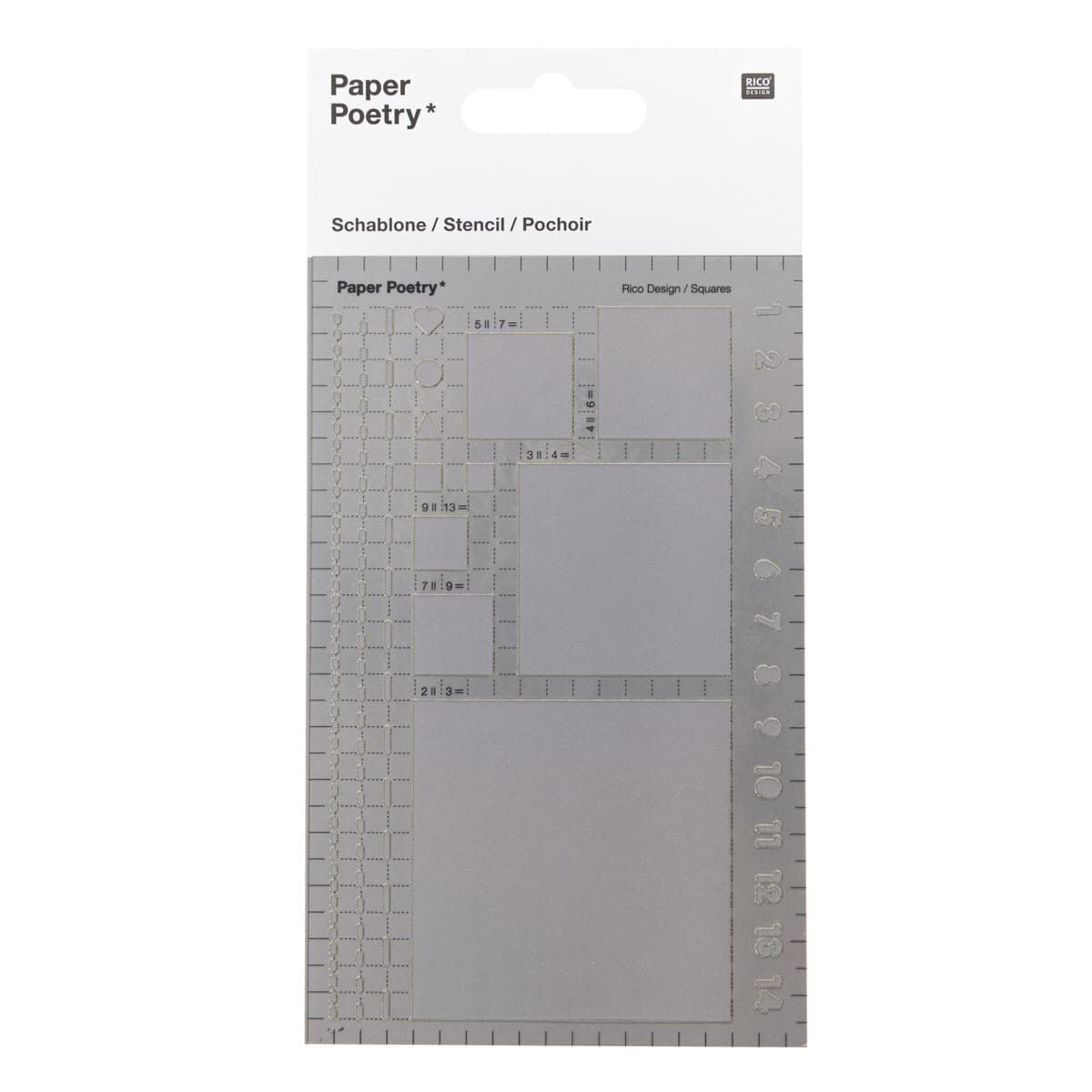Stencil Paper Poetry Stor - Squares från Rico Design. Förpackning med en plaststencil. Motiv med kvadrater i olika storlekar, streck och siffror. - Tidformera