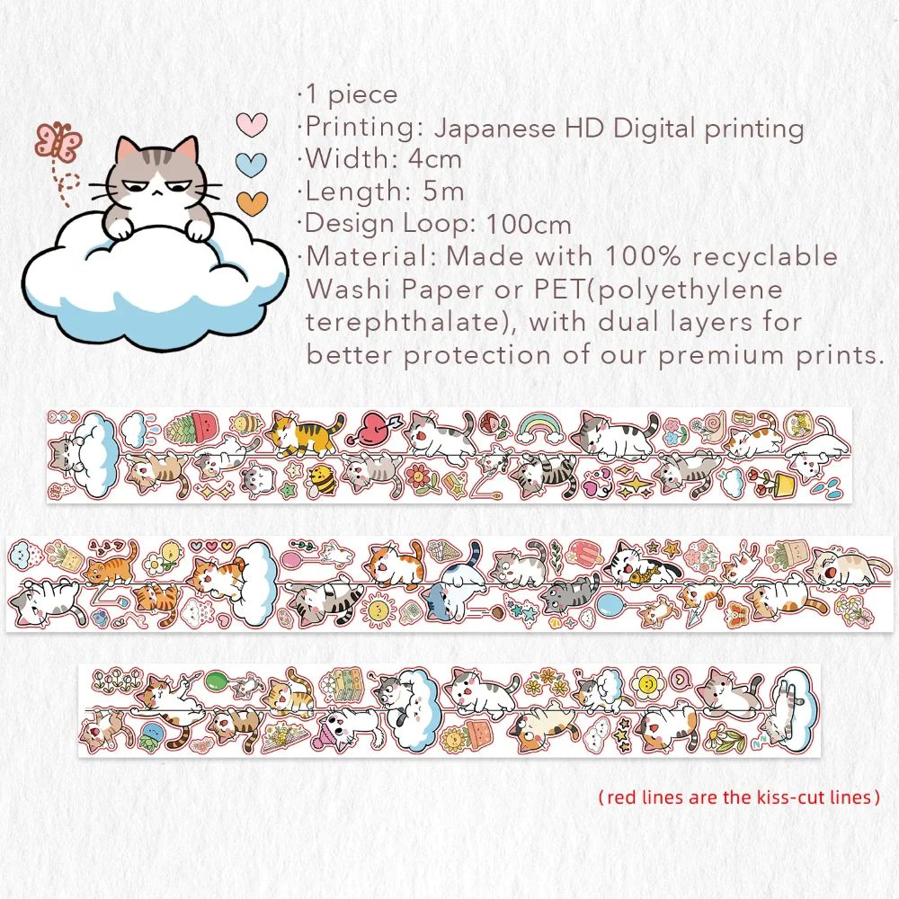 Sticker Pet Tape - Pre-cut - 40 mm - Kitty Cascade - 6 - Washi Tape Shop - Tidformera