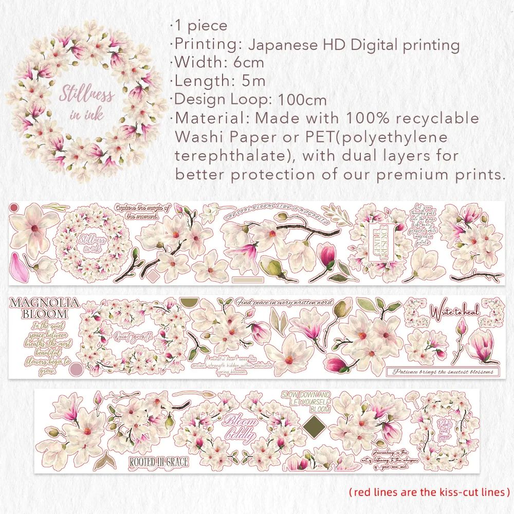 Sticker Pet Tape - Pre-cut - 60 mm - Magnolia Bloom - 7 - Washi Tape Shop - Tidformera