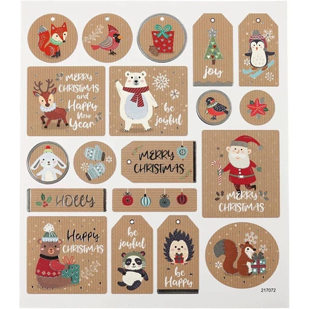 Stickers Creotime Jul - Merry Christmas Kraft frÄn Creotime. KlistermÀrken som Àr bruna med motiv pÄ med renar, björnar, igelkott, ekorre, panda, rÀv - Tidformera