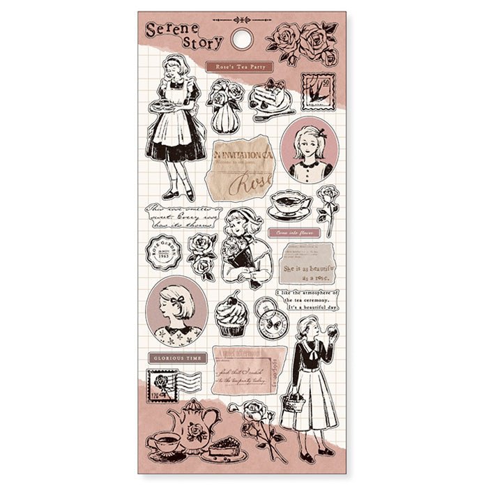 Stickers - Serene Story - Rose tea party från Mind Wave. Ark med klistermärken med en flicka som bakar, blommor, text. - Tidformera