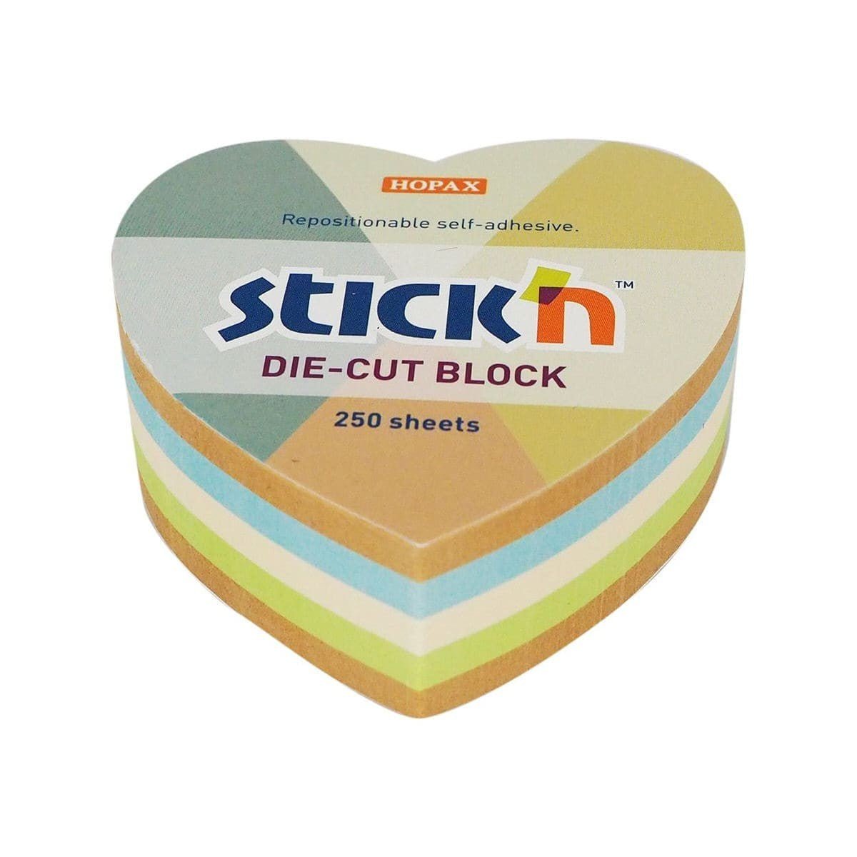 HjÀrtformat post-it block. Olika fÀrger i blocket. Kraft, grön, beige och blÄ. Notisblock HjÀrta Kraftpapper frÄn Stick'n.