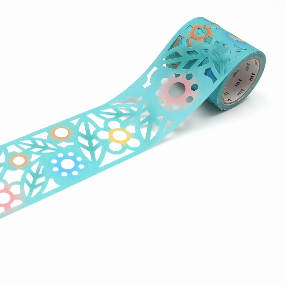 Washi Tape Fab Die Cut - Cutout flower från MT masking tape. En utrullad dekorationstejp. Det är utstansade motiv med blommor och löv. Tejpen är turkos. - Tidformera