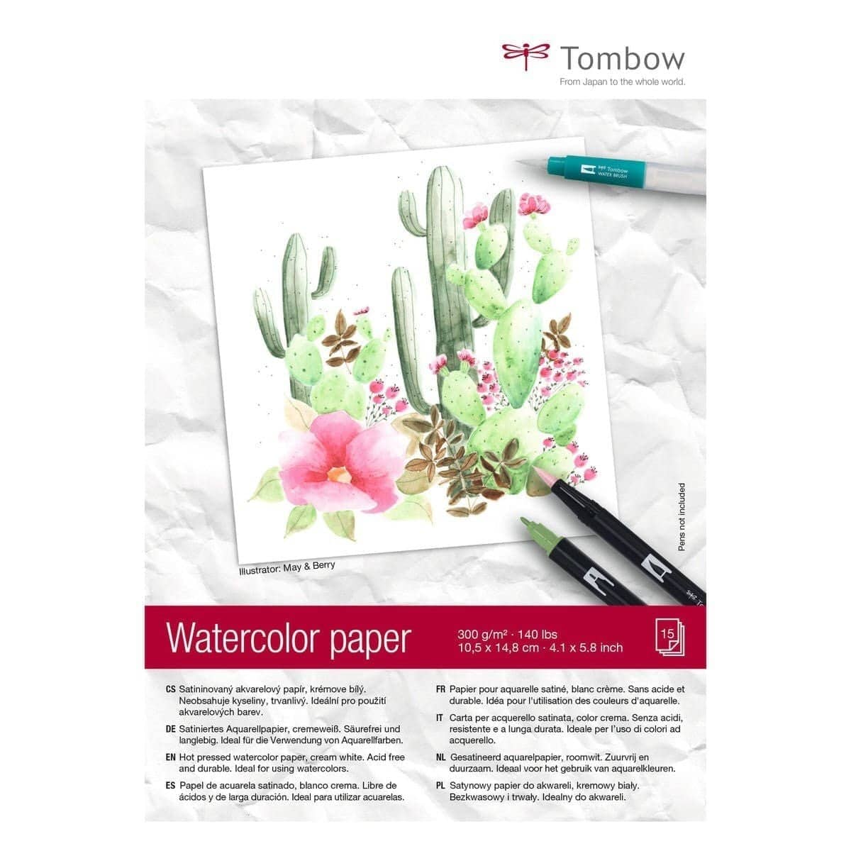 Ett block som det står Watercolor paper på. På framsidan syns kaktusar och blommor som målats.