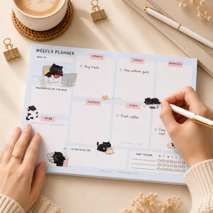 Weekly Planner Notepad - Mocha cat - A5 - 2 - Moonaries illo - Tidformera
