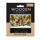 Förpackning med små bokmärken i trä. Motiv är djungeln. Wooden Booktags - Artdeco från Cozywood - Tidformera