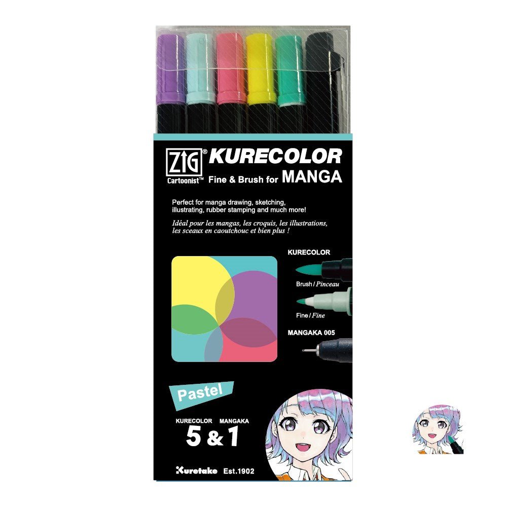 ZIG Kurecolor Manga - Fine & Brush 6-pack - Pastel - 1 - ZIG Kuretake - Tidformera
