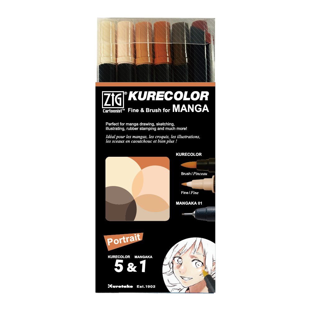 ZIG Kurecolor Manga - Fine & Brush 6-pack - Portrait - 1 - ZIG Kuretake - Tidformera