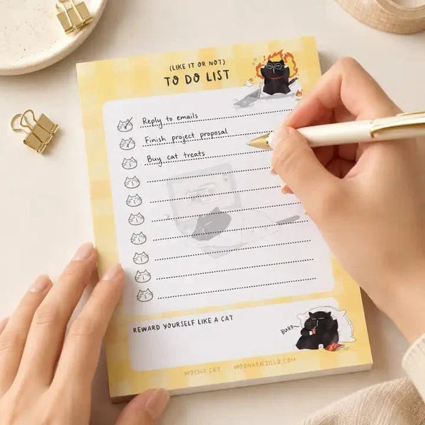 Illustrated To Do List Notepad - Mocha cat - A6 - 3 - Moonaries illo - Tidformera