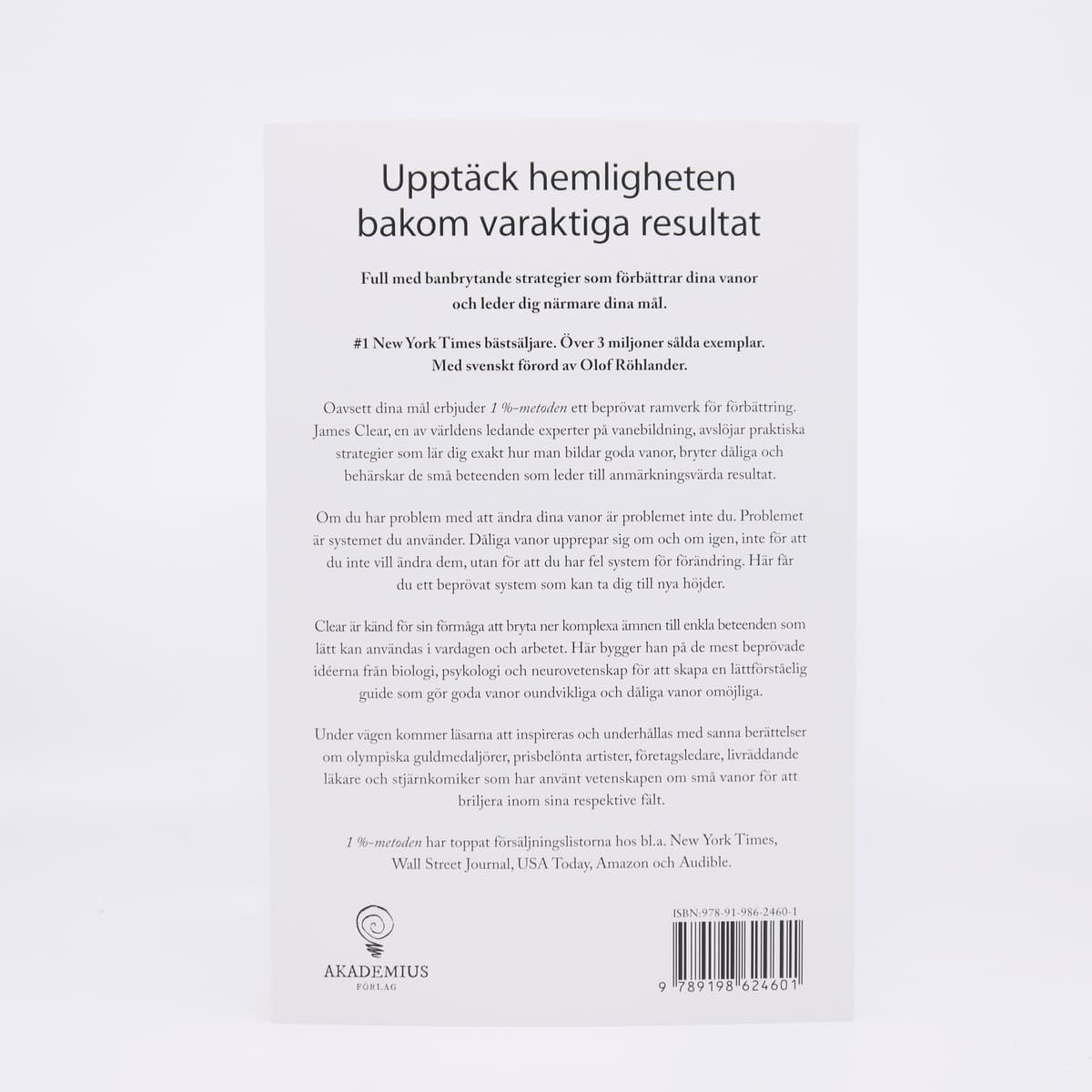 Bild på baksidan av boken 1% metoden av James Clear - Förlaget Volante - Tidformera