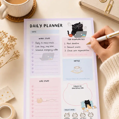 Daily Planner Notepad - Mocha cat - A5