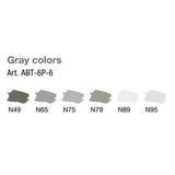 6st gråa swatches med ABT Dual Brush pen 6 - pack - Grey colors från Tombow - Tidformera