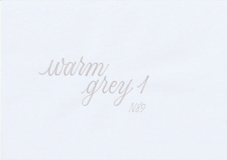 Handskriven text med orden "warm grey 1" i varm grå färg, skriven med ABT Dual Brush Pen i nyansen N89 Warm Grey 1.