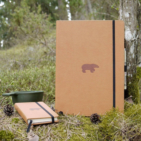 Anteckningsbok Wildlife Dotted A4 Brown Bear från Dingbats*. Två anteckningsböcker, varav en är A4 och den andra är A6 storlek, med det bruna björnmotivet. De finns i skogen bland mossa och kottar. Bakom den lilla boken finns en kåsa. - Tidformera
