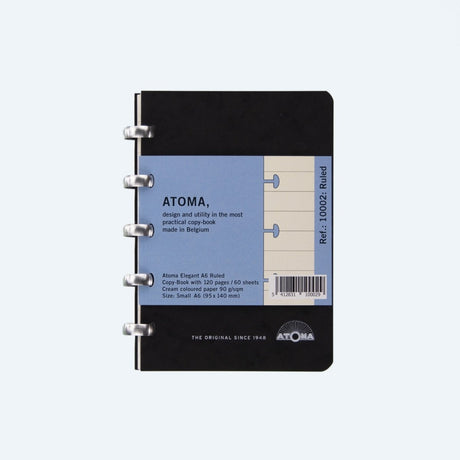 Svart linjerad anteckningsbok med silverfärgad ringbindning. Atoma Notebook A6 Elegant - Linjerad från Atoma - Tidformera