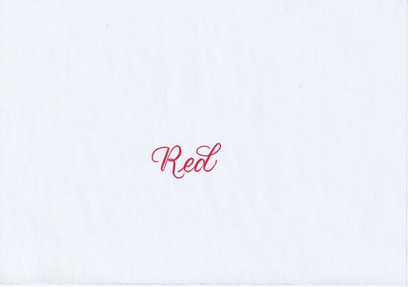 Handskriven text med ordet "Red" i röd färg, skrivet med Pentel Brush Sign Pen i färgen Red.