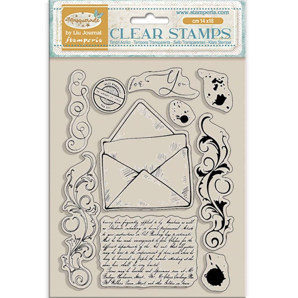 Clear stamps Masquerade - Letter från Stamperia. Förpackning med genomskinliga stämplar med handskrivet brev. - Tidformera