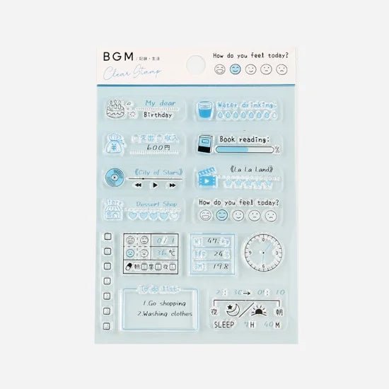 Förpackning med stämplar. Med klocka och olika trackers för vatten, böcker, filmer och humör. Clear stamps Record Kalenderstämplar - Life från BGM - Tidformera