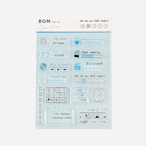 Förpackning med stämplar. Med klocka och olika trackers för vatten, böcker, filmer och humör. Clear stamps Record Kalenderstämplar - Life från BGM - Tidformera