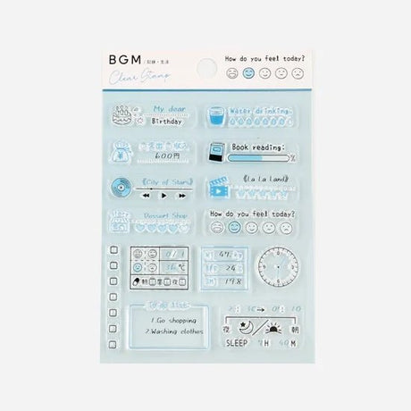 Förpackning med stämplar. Med klocka och olika trackers för vatten, böcker, filmer och humör. Clear stamps Record Kalenderstämplar - Life från BGM - Tidformera