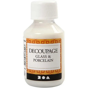 Decoupagelack - 100 ml - Glass & Porcelain från Creative Company - Vit flaska med etikett på. Står Decoupage Glass & Pocelain - Tidformera