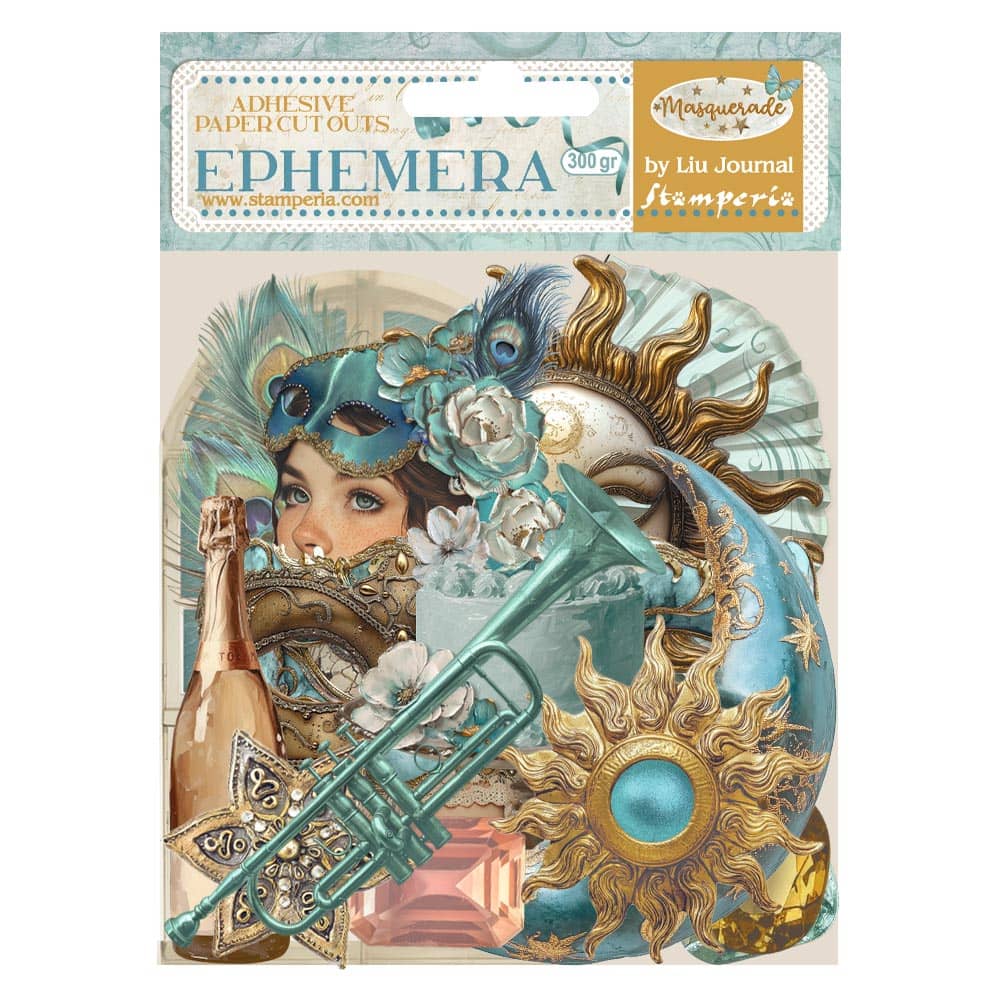 Förpackning med Die cuts Masquerade Ephemera från Stamperia - Tidformera