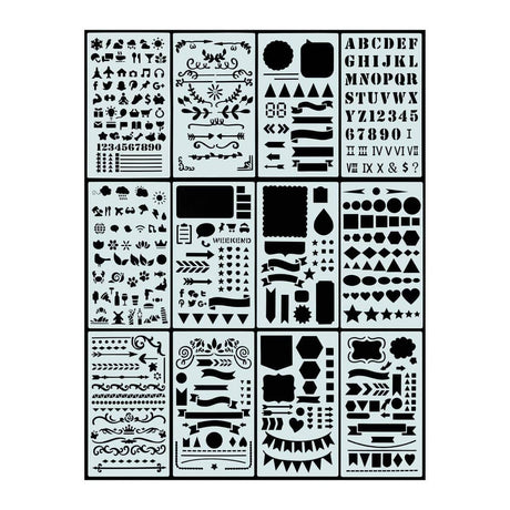 Dotted Journal Stencil Set 12 - pack från Peter Pauper Press - Bild syns samtliga motiv på de tolv stencilerna  Tidformera