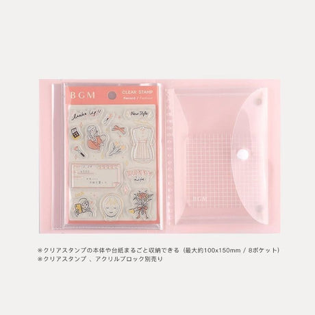 Öppnad rosa förvaringsmapp med ark med stämplar insatt. Förvaringsmapp BGM Clear stamps - Flower från BGM - Tidformera