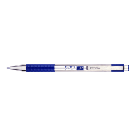Gel Pen G301 - 0,7 - Blue från Zebra. En silverfärgad penna med metallkropp och blåa detaljer. - Tidformera
