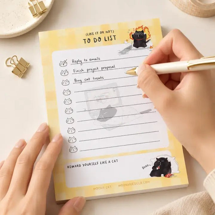 Illustrated To Do List Notepad - Mocha cat - A6 - 3 - Moonaries illo - Tidformera