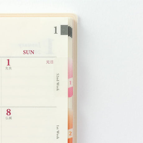 En uppslagen kalender med indexflikar insatta. Indexflikarna har nummer ett och två på.  - Tidformera