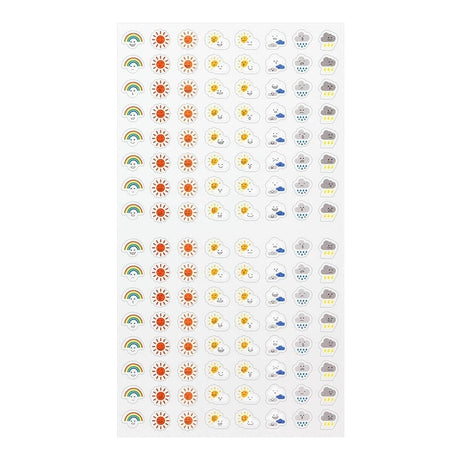 Kalenderstickers Midori Trackers - Weather. Ark med stickers med små klistermärken. Mitiven på dessa är regnbågar, sol, sol med moln, regnmoln. Tidformera