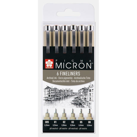 Förpackningar med Pigma micron Fineliner som är Svarta och i storlekarna 005, 01, 02, 03, 05, 08.