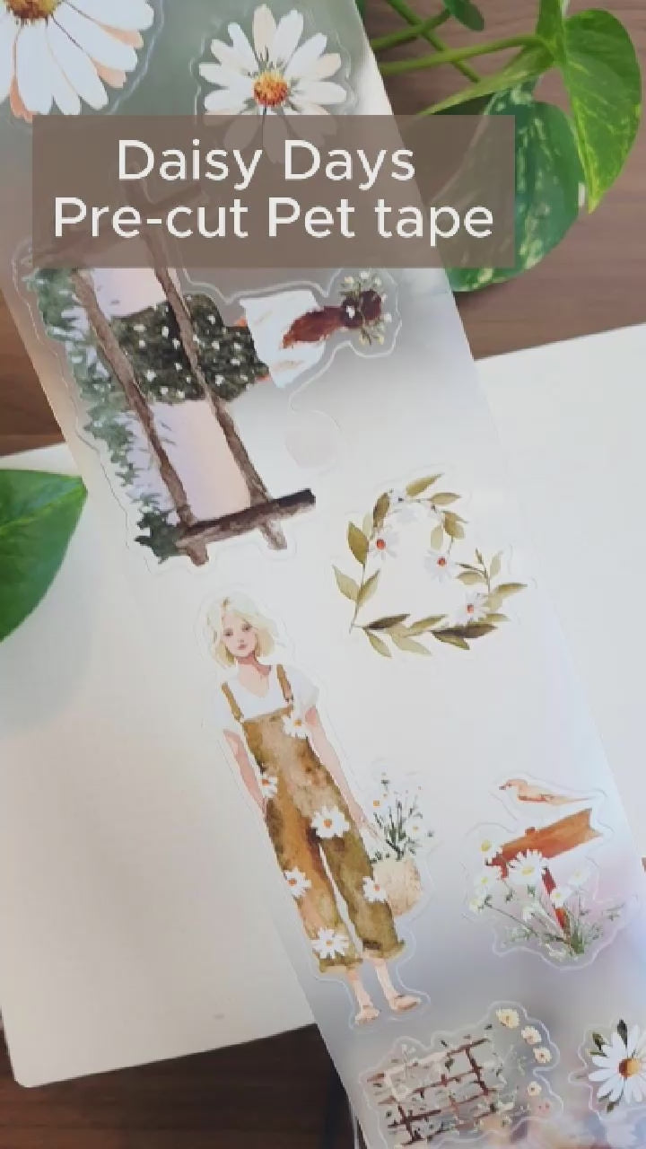 Visar motiven på Daisy Days Pre-cut Pet tape från Mic & Mim. Tidformera